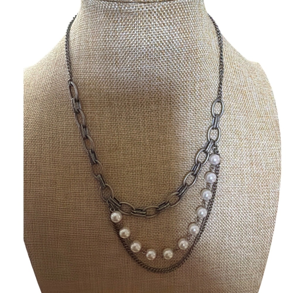 Gunmetal Multi Strand Faux Pearl Layered Chain Necklace EdgyStatement